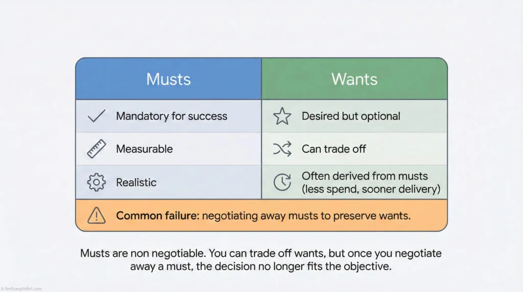 A chart compares "Musts" (mandatory, measurable, realistic) and "Wants" (optional, can trade off, often derived from musts). A warning says negotiating away musts to preserve wants is a common failure.