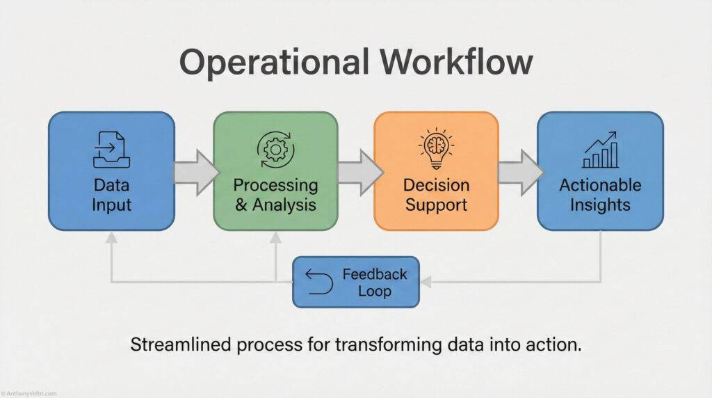 A flowchart titled "Operational Workflow" shows four steps: Data Input, Processing & Analysis, Decision Support, and Actionable Insights, with arrows and a feedback loop; caption: "Streamlined process for transforming data into action.