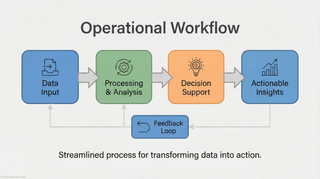 A flowchart titled "Operational Workflow" shows four steps: Data Input, Processing & Analysis, Decision Support, and Actionable Insights, with arrows and a feedback loop; caption: "Streamlined process for transforming data into action.