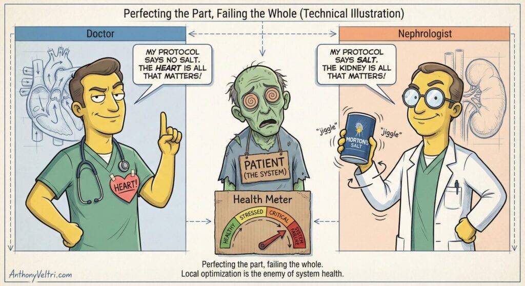 This diagram illustrates competing protocols from specialists, highlighting how local optimization may risk overall system health.
