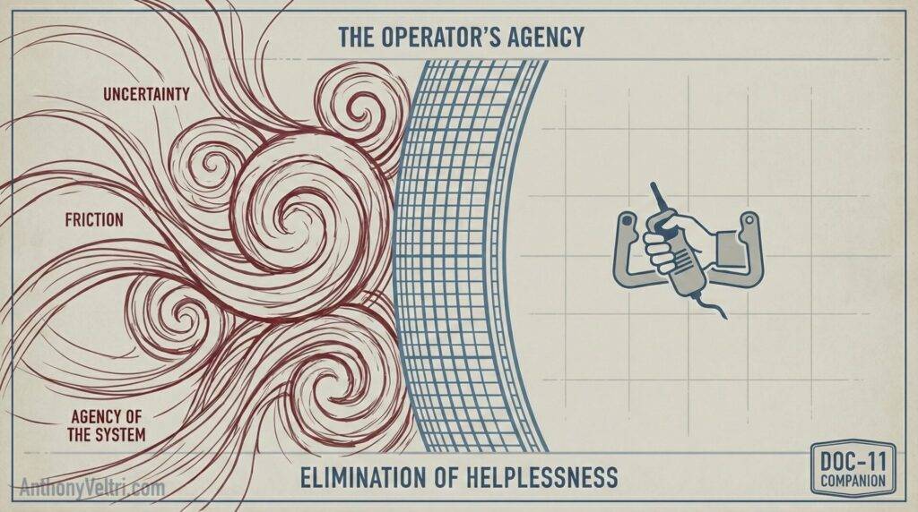 This diagram illustrates the transition from systemic uncertainty and friction to operator agency, highlighting elimination of helplessness.