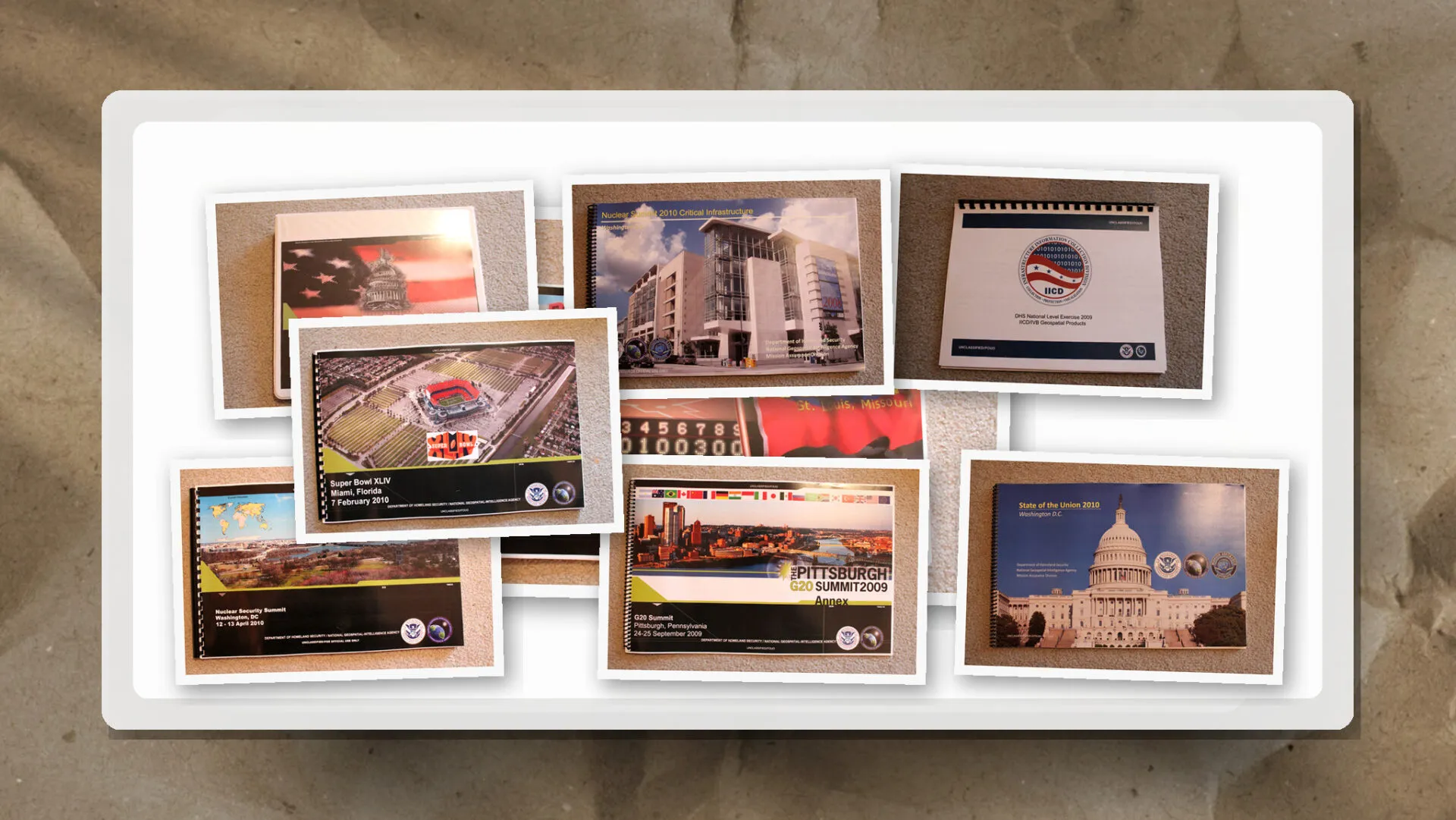 This collage presents eight postcards depicting civic landmarks and patriotic motifs, as seen on a white frame against a textured background.