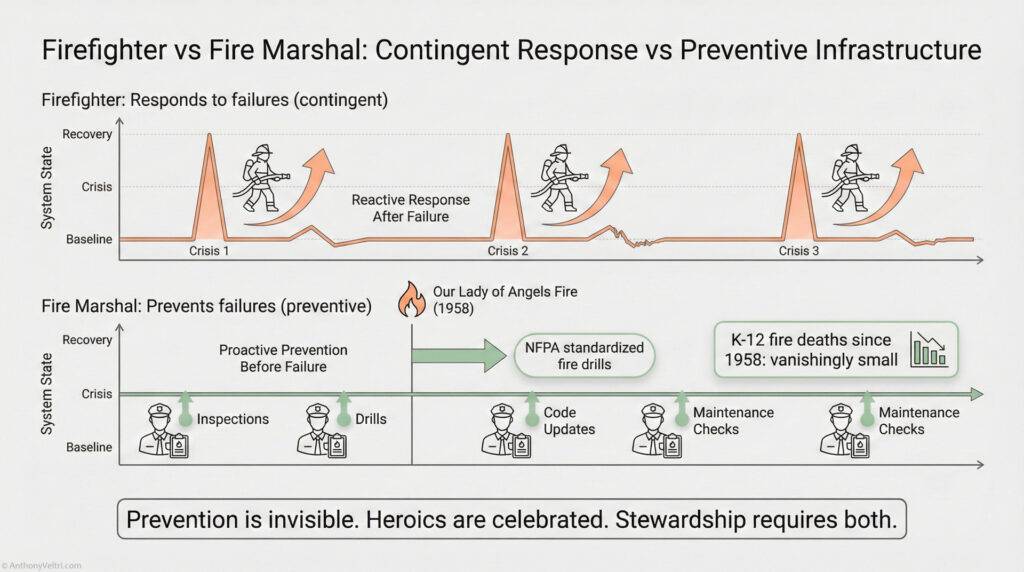 Infographic compares firefighters’ reactive crisis response to fire marshals’ preventive measures like inspections, drills, and maintenance. Graphs show frequent crises with firefighting versus sustained system stability with fire prevention.