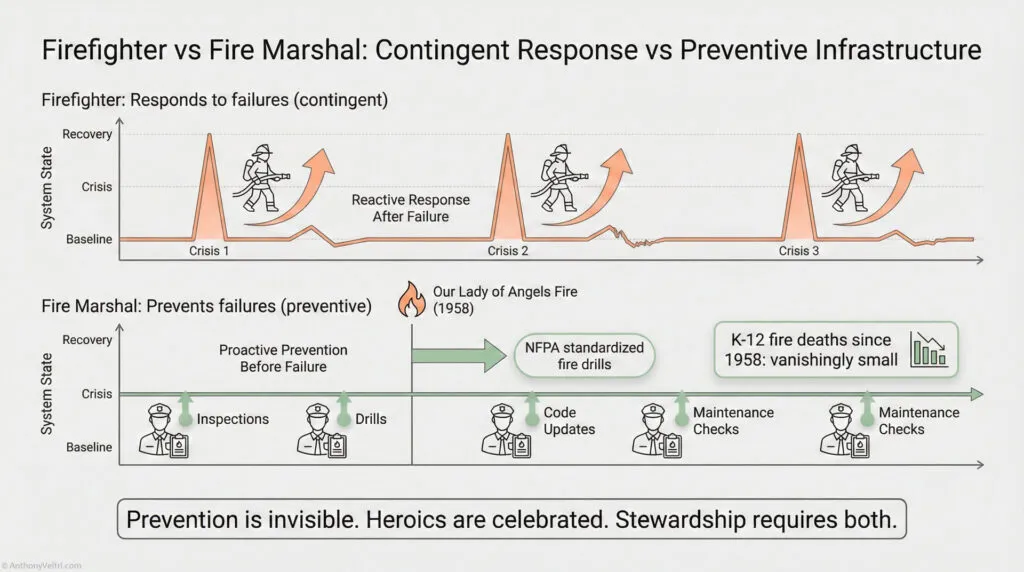Infographic compares firefighters’ reactive crisis response to fire marshals’ preventive measures like inspections, drills, and maintenance. Graphs show frequent crises with firefighting versus sustained system stability with fire prevention.