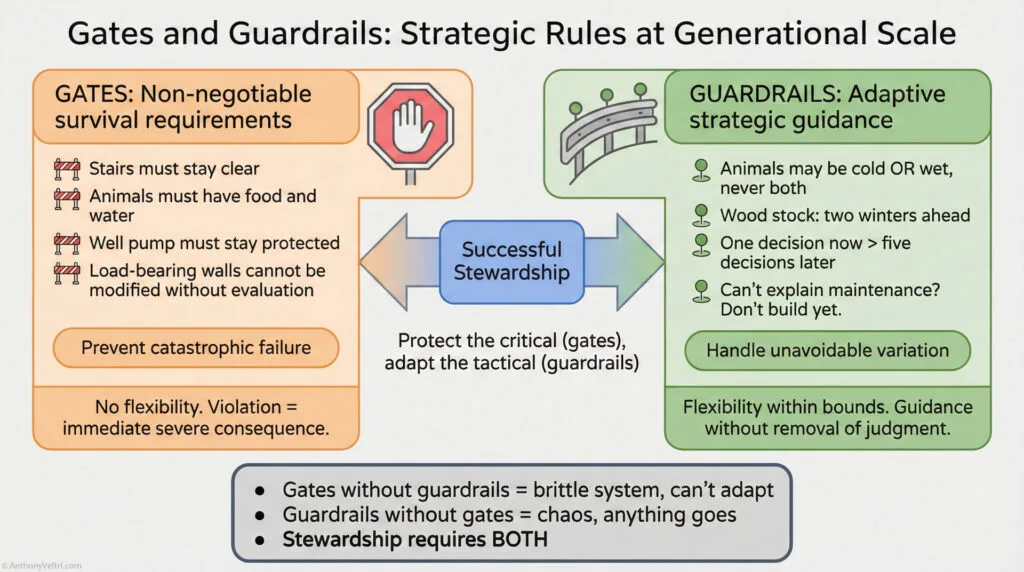 A diagram contrasts "Gates" (non-negotiable survival requirements, like food and water) with "Guardrails" (adaptive strategic guidance, like seasonal animal needs), both leading to successful stewardship of critical systems.