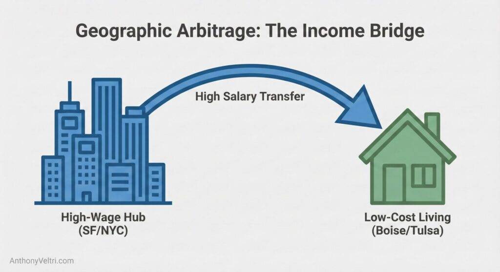 This diagram illustrates how geographic arbitrage leverages earnings from high-wage regions to benefit from lower living costs elsewhere.