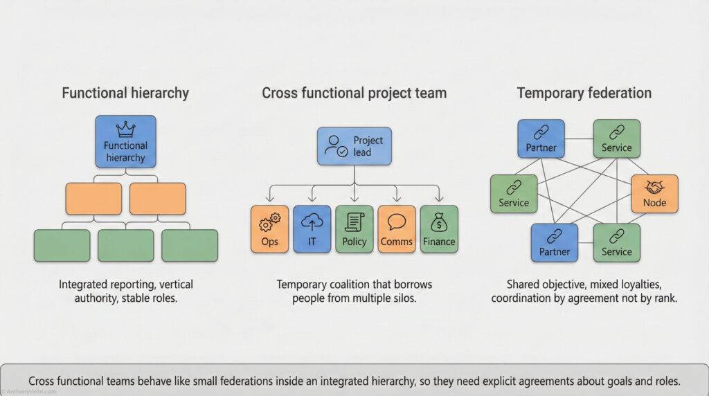 Diagram comparing three organizational structures: Functional hierarchy (stable roles), Cross functional project team (temporary coalition from silos), and Temporary federation (partners/services with shared objective, coordination by agreement).