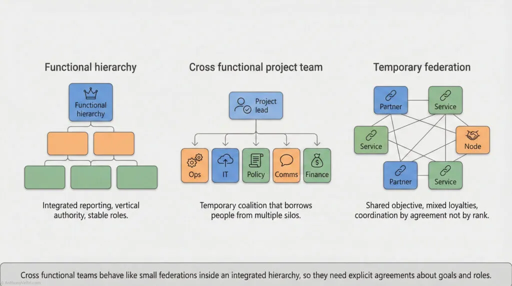 Diagram comparing three organizational structures: Functional hierarchy (stable roles), Cross functional project team (temporary coalition from silos), and Temporary federation (partners/services with shared objective, coordination by agreement).