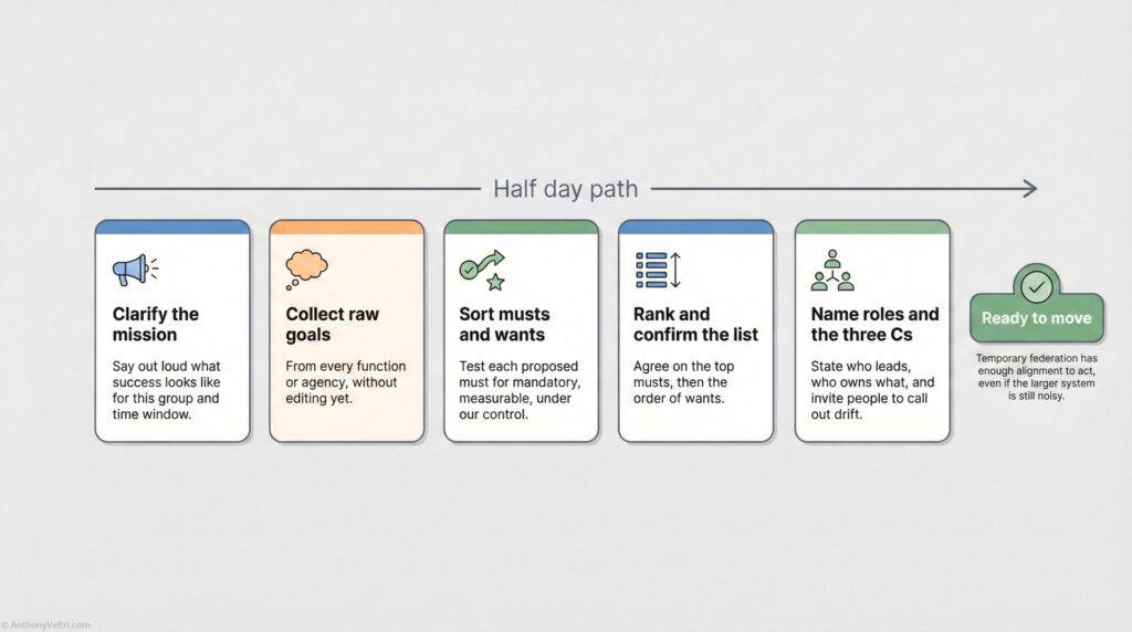 A horizontal flowchart titled "Half day path" shows six colored steps: clarify the mission, collect raw goals, sort musts and wants, rank and confirm the list, name roles and the three Cs, ending with “Ready to move” in green.