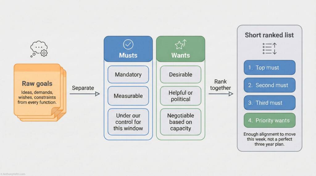 A flowchart shows how raw goals are separated into “Musts” (mandatory, measurable, controllable) and “Wants” (desirable, negotiable), then ranked to create a short prioritized list for action.