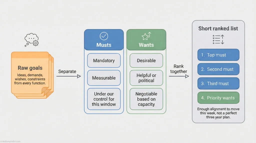 A flowchart shows how raw goals are separated into “Musts” (mandatory, measurable, controllable) and “Wants” (desirable, negotiable), then ranked to create a short prioritized list for action.