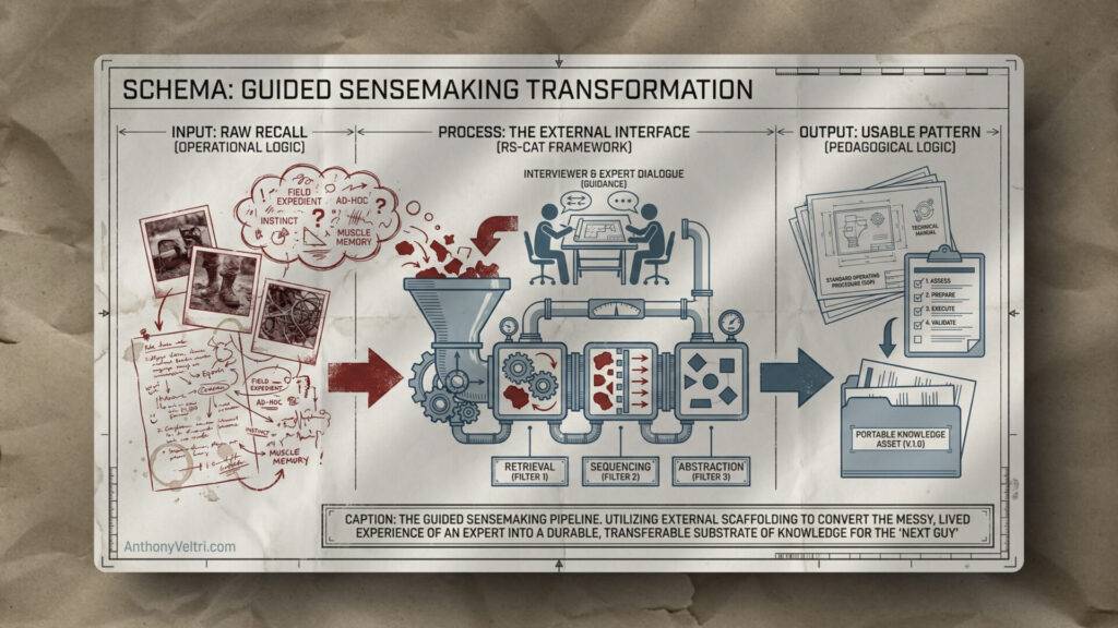 This diagram illustrates how guided sensemaking transforms handwritten ideas into organized digital files through structured processes.