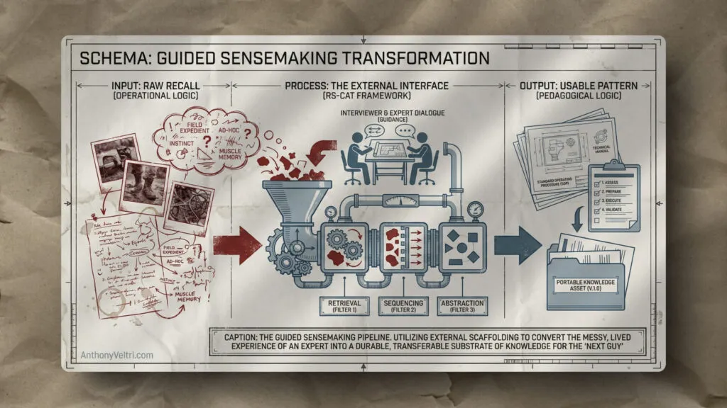 This diagram illustrates how guided sensemaking transforms handwritten ideas into organized digital files through structured processes.