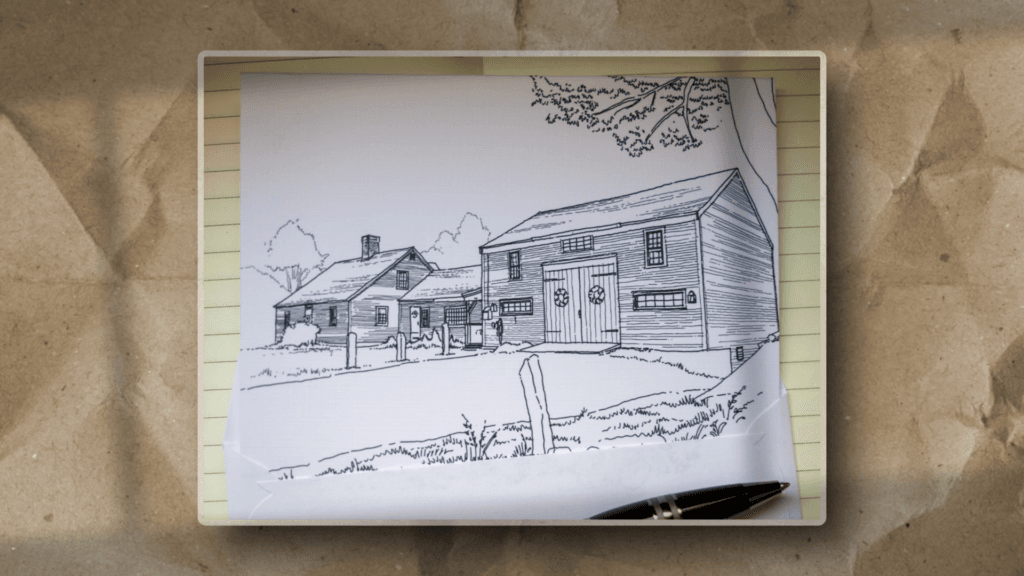 A black pen drawing of two rustic barn-like buildings sits on lined paper, with a pen resting at the edge and a brown, crumpled background visible behind the sheet.