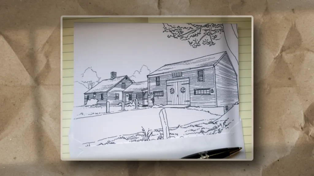 A black pen drawing of two rustic barn-like buildings sits on lined paper, with a pen resting at the edge and a brown, crumpled background visible behind the sheet.