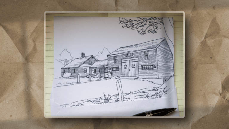 A black pen drawing of two rustic barn-like buildings sits on lined paper, with a pen resting at the edge and a brown, crumpled background visible behind the sheet.