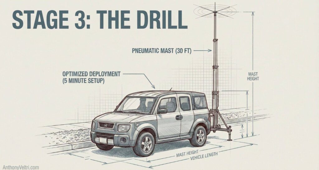 This diagram illustrates a 30-foot deployable mast on an SUV, highlighting efficient setup time and vehicle dimensions for context.
