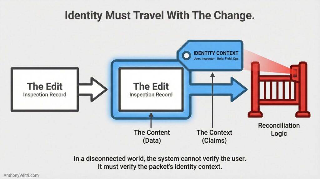 This diagram illustrates how verifying identity context is vital when inspection data flows through reconciliation logic in distributed systems.