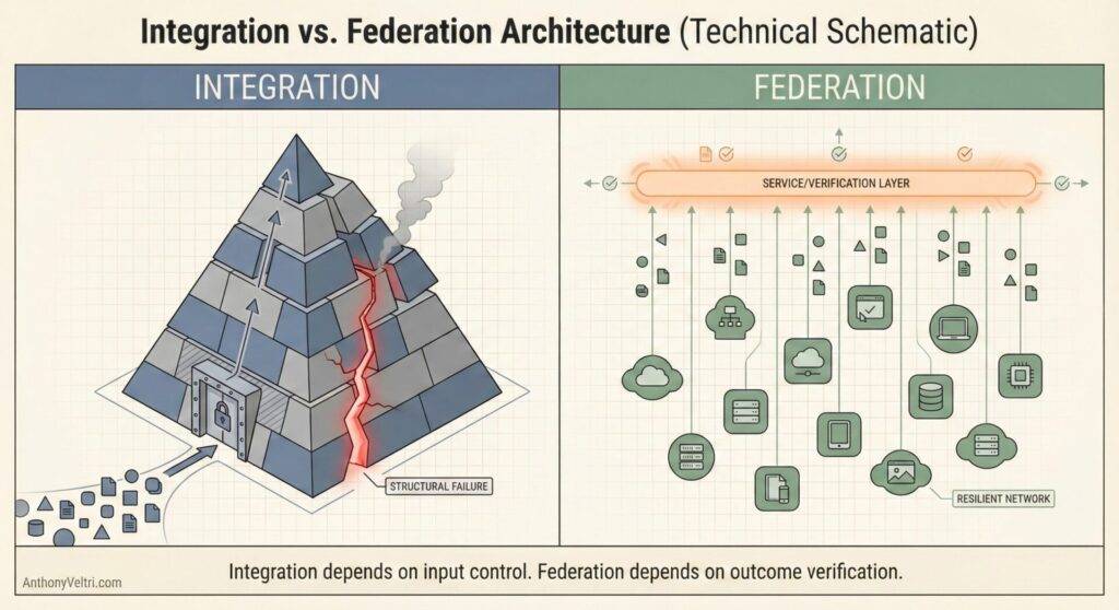 This diagram illustrates how centralized integration can risk failure, while federation with service verification supports resilient networks.