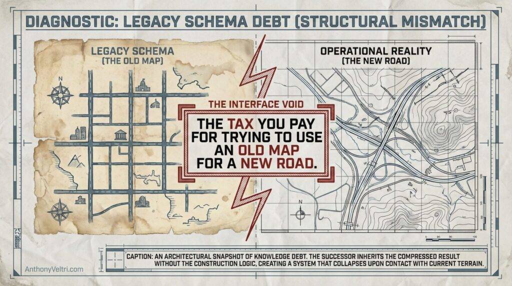 This diagram contrasts legacy schemas with operational realities, suggesting potential costs of outdated frameworks in new contexts.
