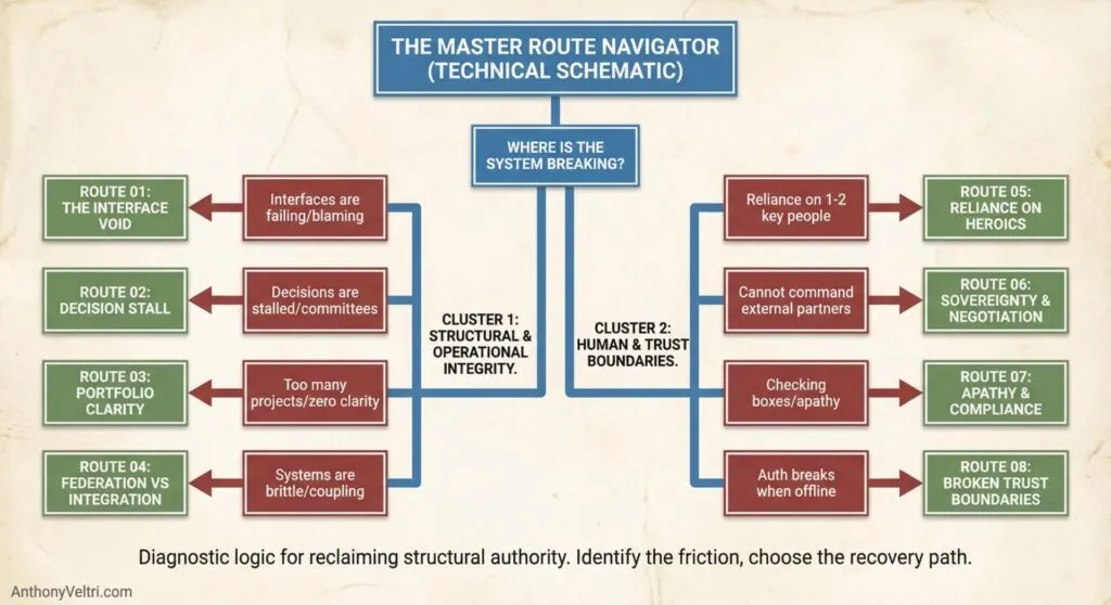 This diagram illustrates two system-breaking clusters, structural integrity and trust boundaries, plus diagnostic logic for further review.