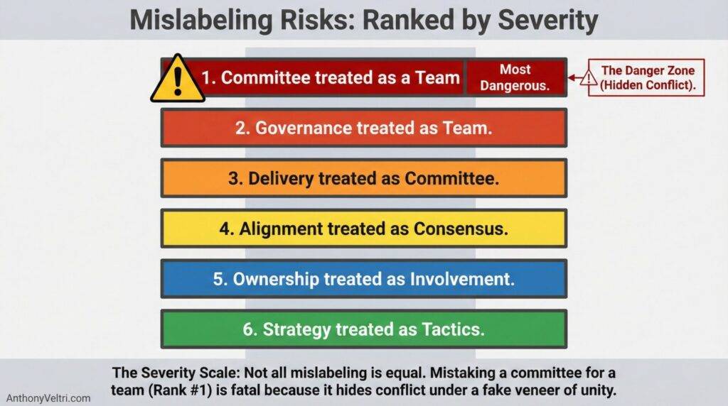 This chart illustrates six forms of mislabeling, ranked by severity, providing insight into common risks within organizational structures.