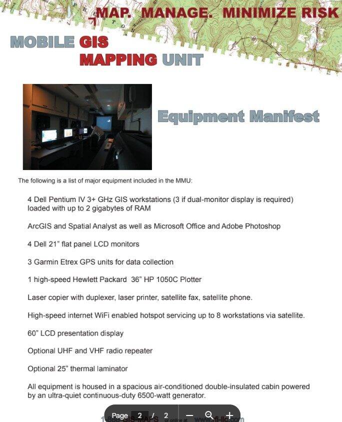 A document titled "MOBILE GIS MAPPING UNIT" lists the major equipment included in a mapping unit, accompanied by photos of computer workstations inside a vehicle and text detailing hardware and software specifications.