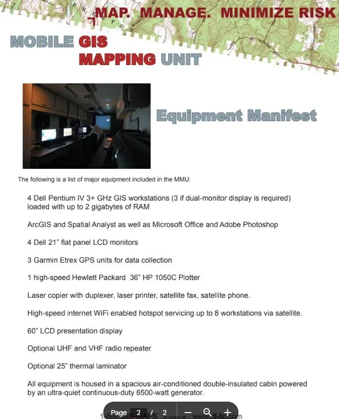 A document titled "MOBILE GIS MAPPING UNIT" lists the major equipment included in a mapping unit, accompanied by photos of computer workstations inside a vehicle and text detailing hardware and software specifications.