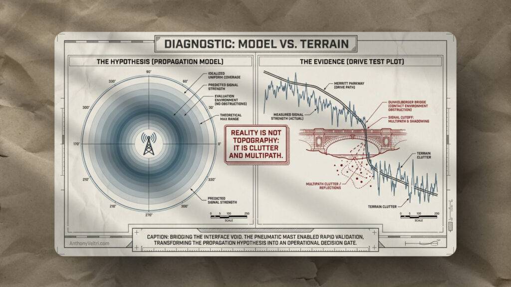 This diagram illustrates differences between a propagation model and field data, emphasizing real-world effects near structures.