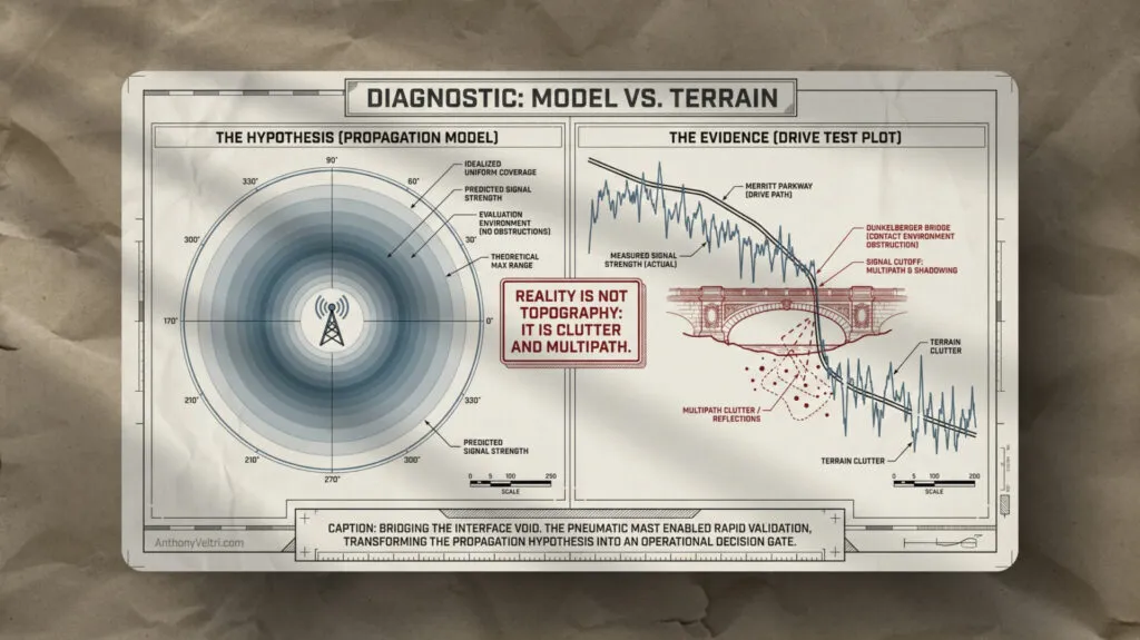 This diagram illustrates differences between a propagation model and field data, emphasizing real-world effects near structures.