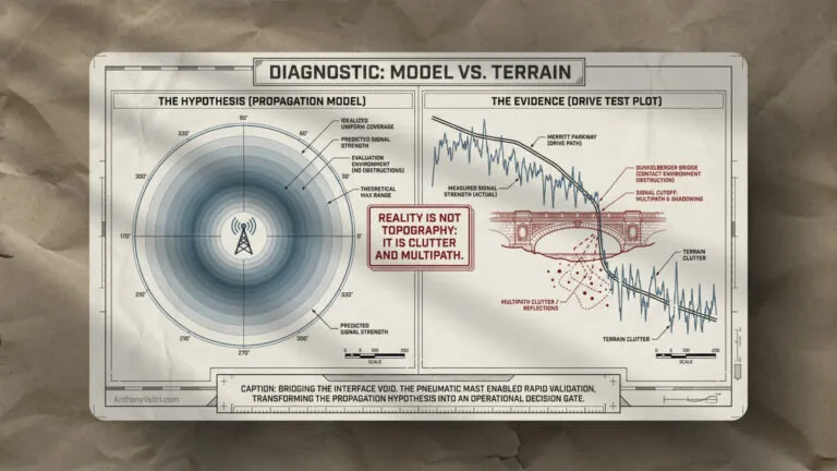 This diagram illustrates differences between a propagation model and field data, emphasizing real-world effects near structures.