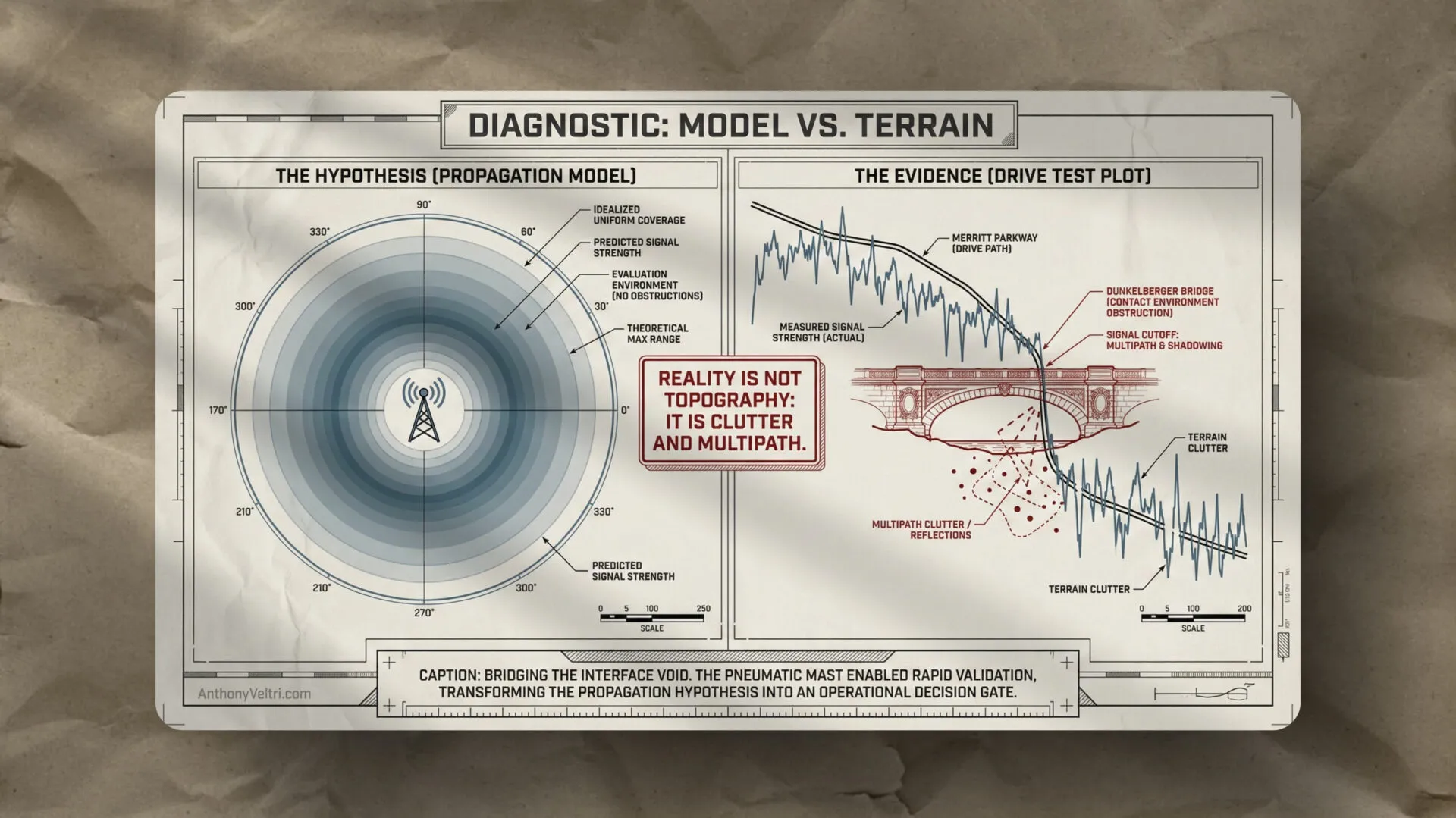 This diagram illustrates differences between a propagation model and field data, emphasizing real-world effects near structures.