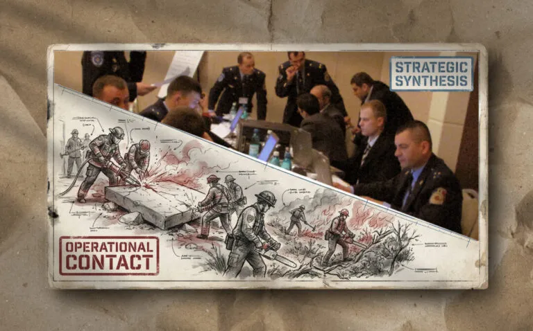 This diagram illustrates the distinction between strategic planning at headquarters and operational response in crisis conditions.