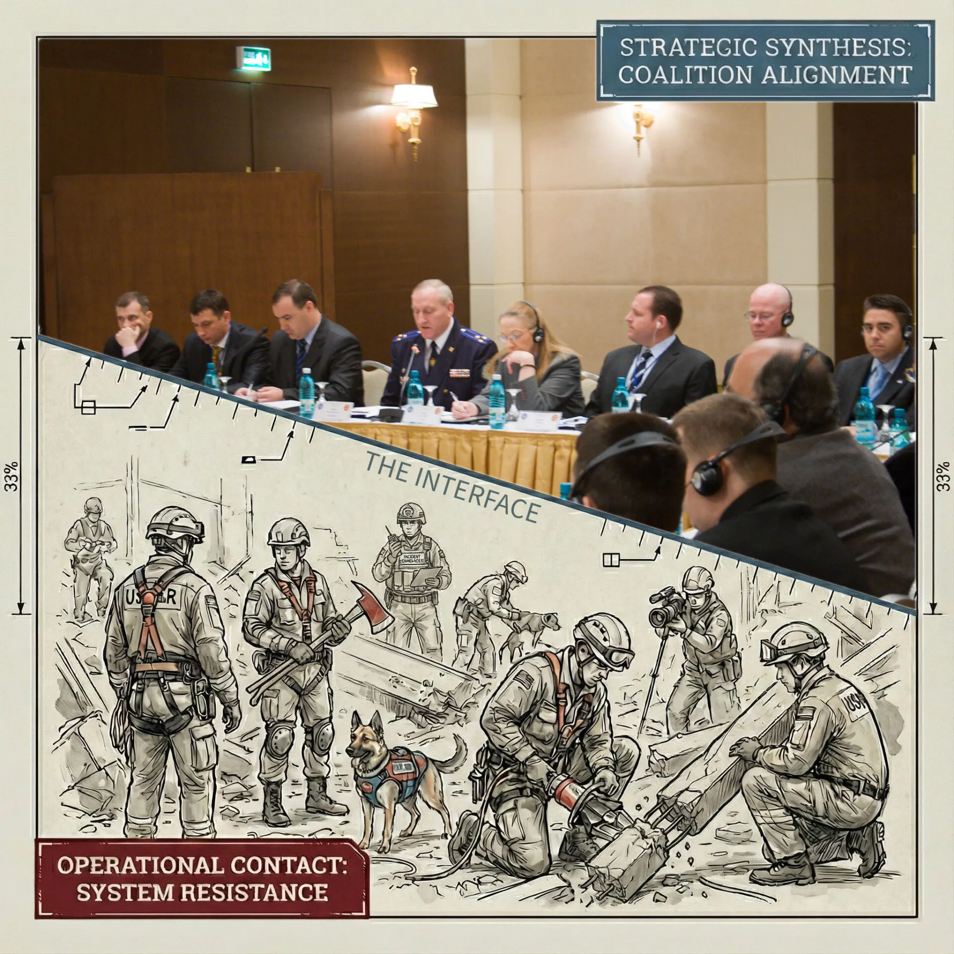 A technical 1:1 square overlay titled The Operator's Interface. The top right section is a transparent window showing a 2010 multinational coalition meeting in Kiev. The bottom left section is an opaque greige triangle featuring a hand-drawn sketch of Urban Search and Rescue crews in action. A shallow diagonal axis connects the two areas, labeled as the interface between strategic alignment and system resistance.