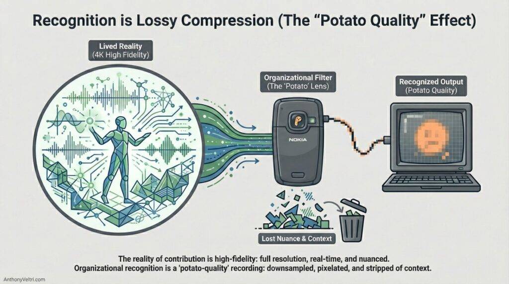 This diagram illustrates how recognition compresses complex reality, resulting in a simplified and less detailed understanding.