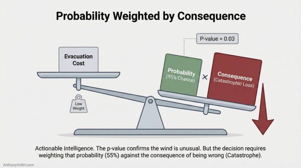 This diagram illustrates how a high-impact, likely consequence can outweigh lower evacuation costs in risk-based decision models.