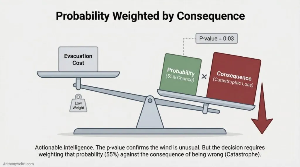 This diagram illustrates how a high-impact, likely consequence can outweigh lower evacuation costs in risk-based decision models.