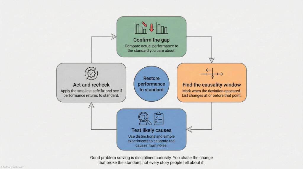 A flowchart showing a problem-solving cycle: Confirm the gap, Find the causality window, Test likely causes, Act and recheck, all revolving around restoring performance to standard. Text at bottom emphasizes disciplined curiosity.