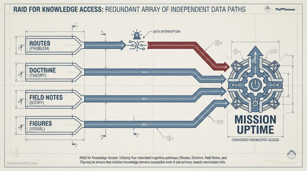 This diagram illustrates how multiple knowledge sources support mission uptime, even if one pathway becomes interrupted.