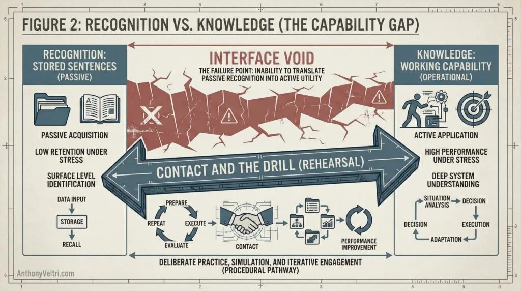 This diagram illustrates the capability gap between passive recognition and active knowledge, highlighting rehearsal and simulation as bridging steps.