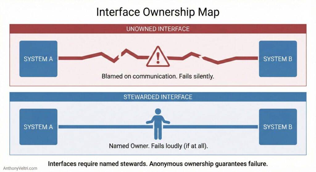 This diagram illustrates how interface stewardship impacts outcomes: named owners support clearer accountability and more visible failure modes.