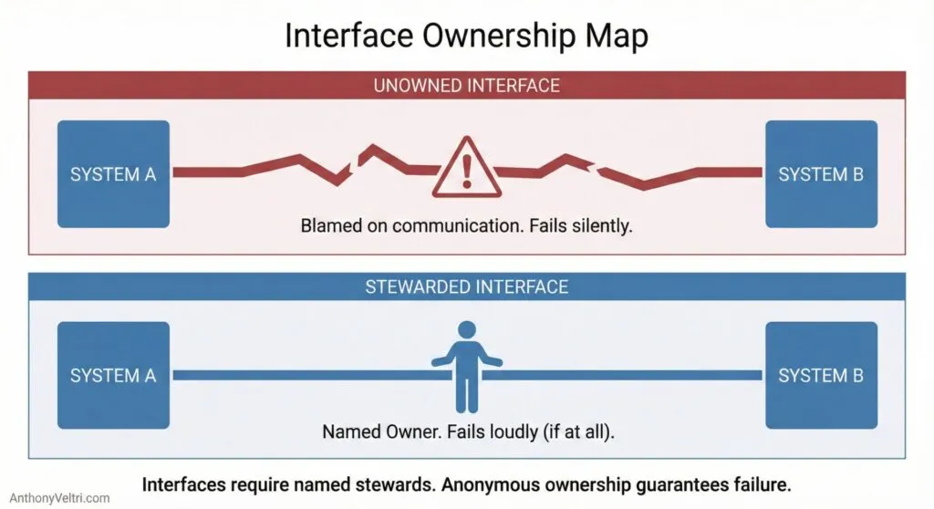 This diagram illustrates how interface stewardship impacts outcomes: named owners support clearer accountability and more visible failure modes.