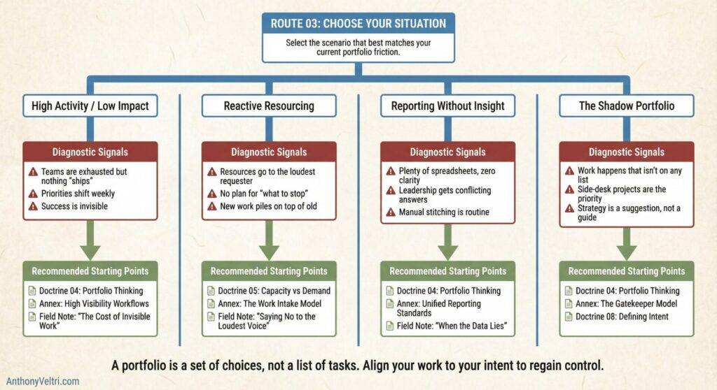 This diagram illustrates four portfolio issue scenarios, highlighting diagnostic signals and suggested starting points for each situation.