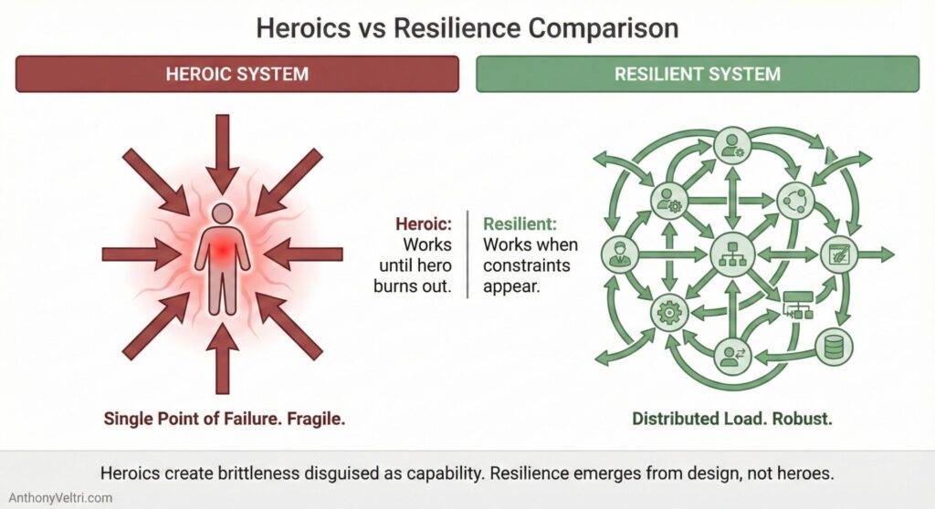 This diagram illustrates contrasting models: a centralized “Heroic System” versus a distributed, resilient system.