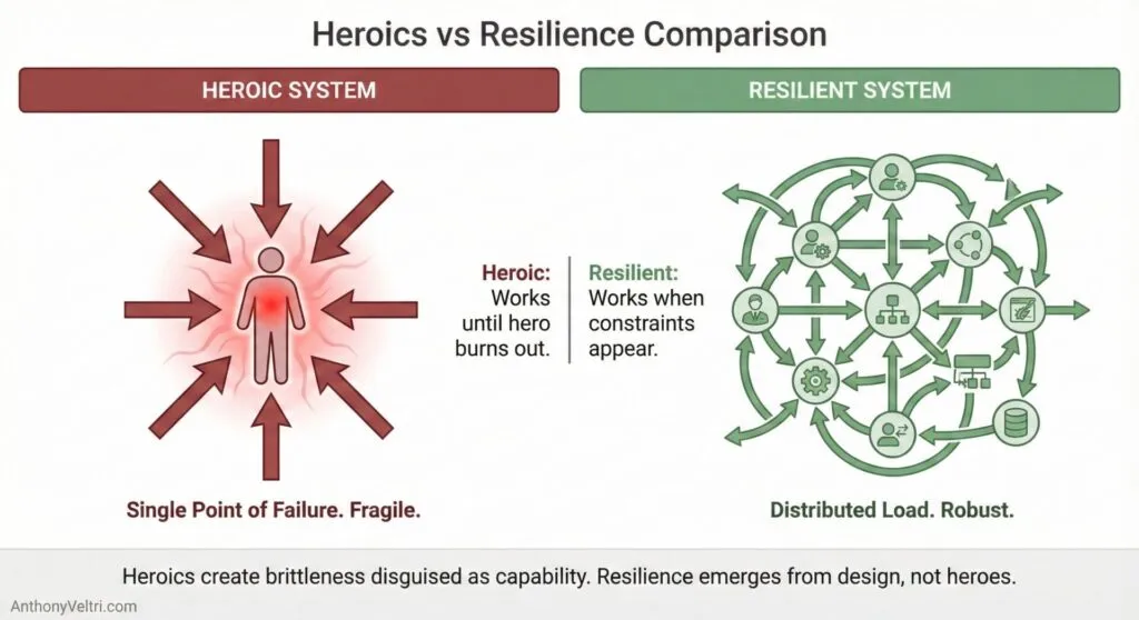 This diagram illustrates contrasting models: a centralized “Heroic System” versus a distributed, resilient system.