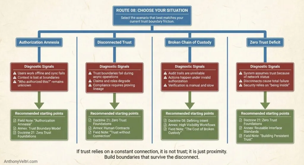 This diagram illustrates four trust boundary scenarios, along with diagnostic signals and recommended starting points for each.