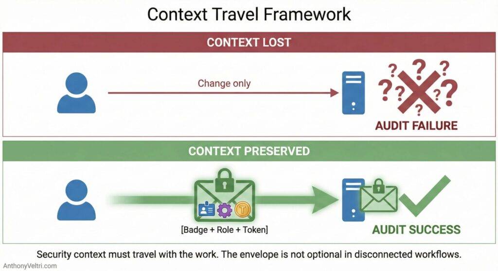 This diagram illustrates how preserving context, via secure tokens or roles, correlates with successful audits versus lost context leading to failure.