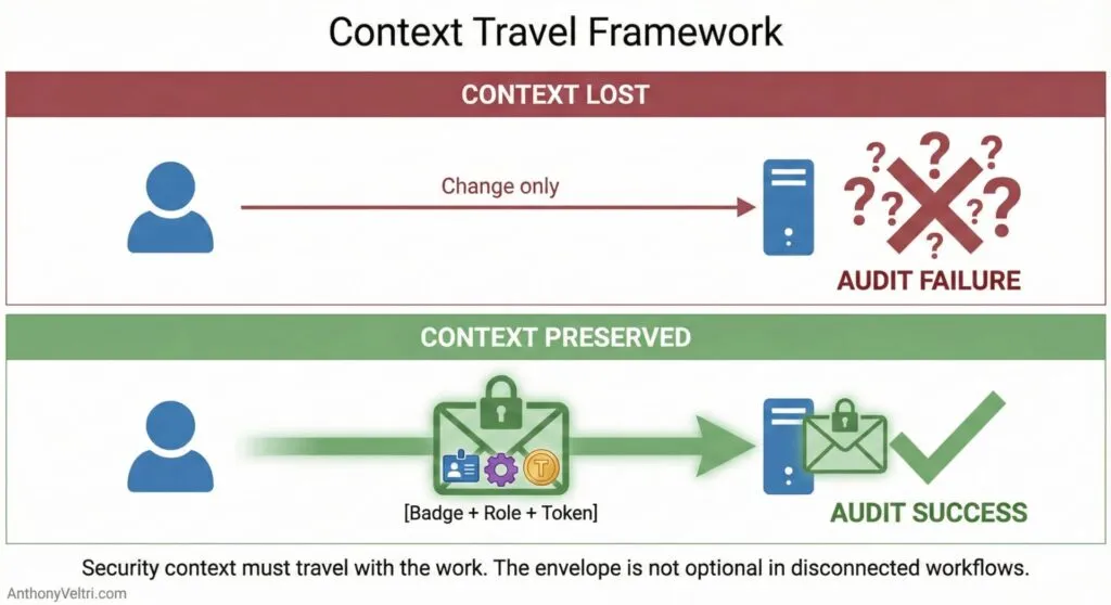 This diagram illustrates how preserving context, via secure tokens or roles, correlates with successful audits versus lost context leading to failure.