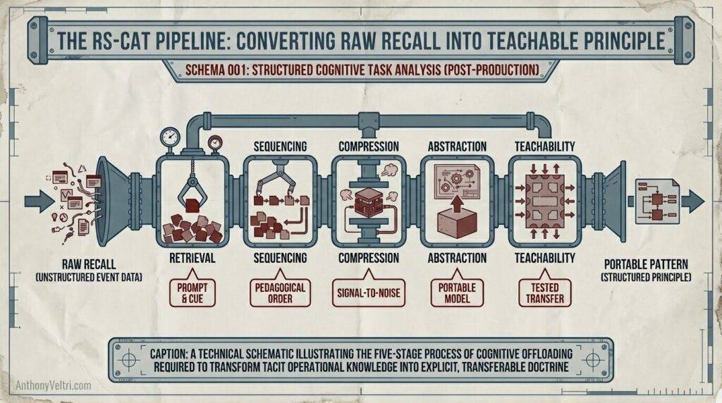 This diagram illustrates the RS-CAT pipeline, outlining five stages that refine raw recall into a portable, teachable pattern.