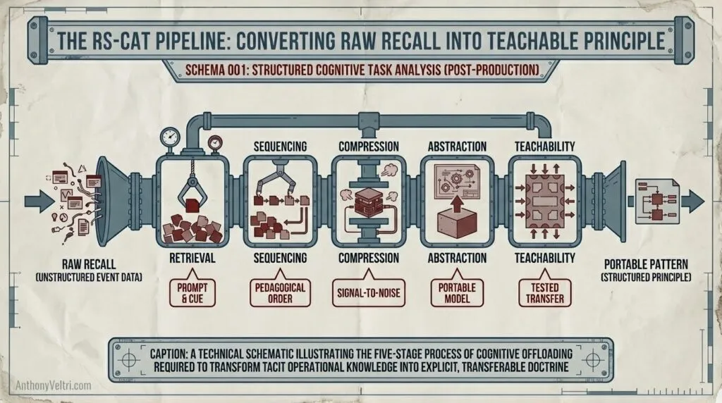 This diagram illustrates the RS-CAT pipeline, outlining five stages that refine raw recall into a portable, teachable pattern.